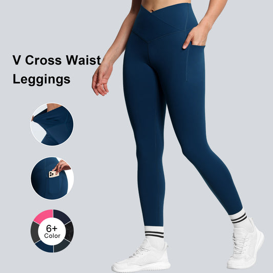 THE GYM PEOPLE Women's V Cross Waist Workout Leggings Tummy Control Running Yoga Pants with Pockets