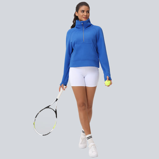 THE GYM PEOPLE Womens' Half Zip Pullover Fleece Stand Collar Crop Sweatshirt with Pockets Thumb Hole