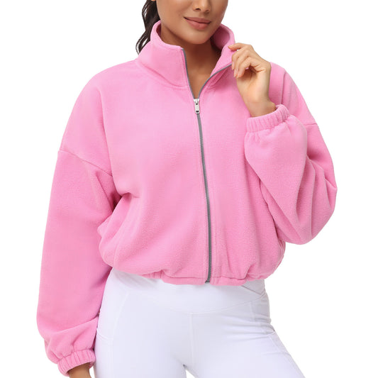 THE GYM PEOPLE Women's Fleece Cropped Jacket Full Zip Stand Collar Workout Short Sherpa Coats with Pockets Drawstring Hem