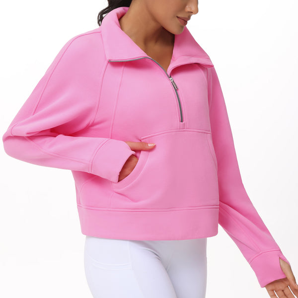 THE GYM PEOPLE Womens' Half Zip Pullover Fleece Stand Collar Crop Sweatshirt with Pockets Thumb Hole