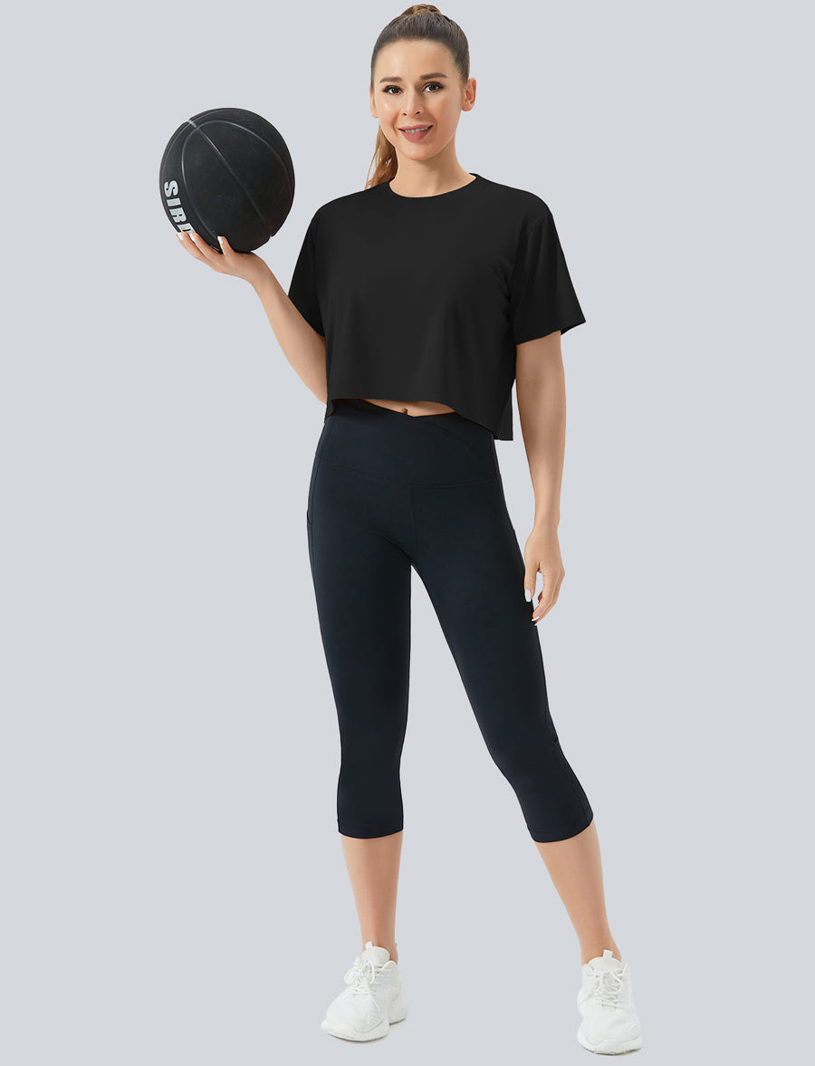 THE GYM PEOPLE Women's Workout Crop Top T-Shirt Short Sleeve Boxy Yoga Running Cropped Basic Tee